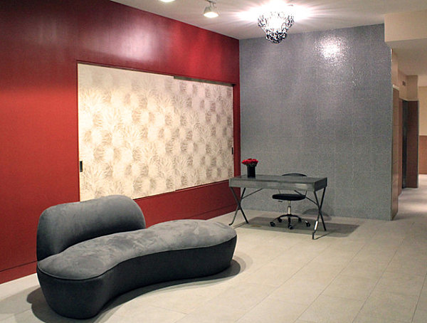 Lobby Decorating Ideas: Welcome to World Six Favorite Hotels : Chic Condo Lobby With Grey Armlees Sofa And Red Painted Wall